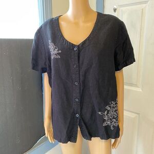 Islander Women 1X Button Up Shirt Top Black White Floral Embroidery Linen Rayon